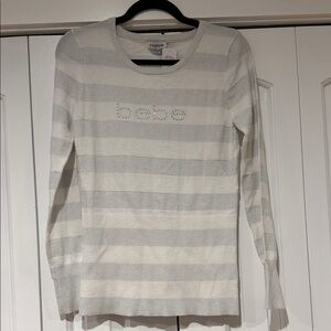 Bebe White and Gray Striped Knit Top with rhinestone word medium nwt